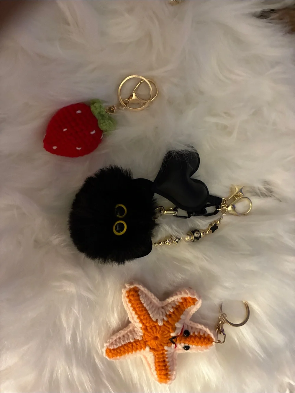 Black Faux Fur Pom Pom Keychain with Gold Hardware